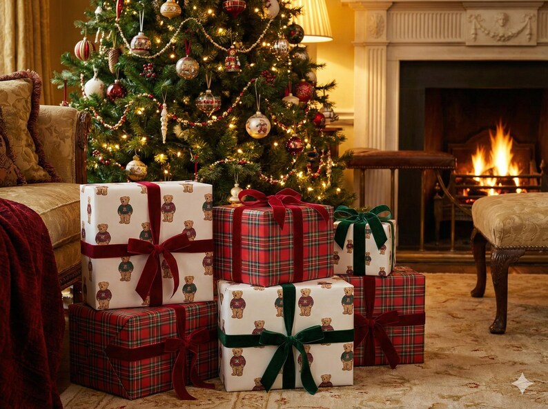 Pu&ograve; includere: Scena natalizia con un albero decorato e regali confezionati. I regali sono avvolti in carta fantasia con orsetti e plaid, legati con nastri di velluto rossi e verdi. Un camino con fuoco acceso sullo sfondo.