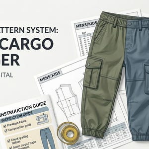 Könnte beinhalten: Digitales Schnittmuster für eine Kinder-Cargo-Jogginghose. Das Bild zeigt eine olivgrüne und blaue Cargohose, Schnittmuster und Nähwerkzeuge. Der Text auf dem Bild lautet "KIDS CARGO JOGGER" und "INSTRUCTION GUIDE".