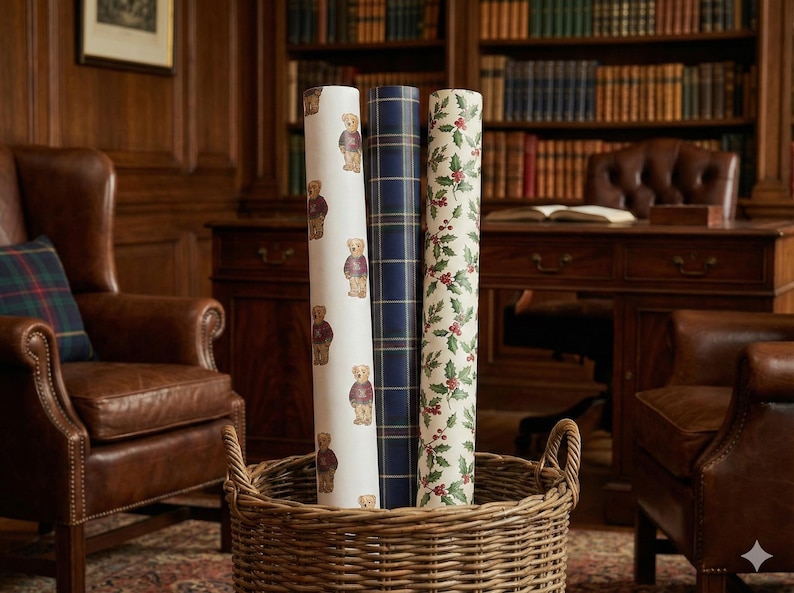 Pu&ograve; includere: Tre rotoli di carta da regalo decorativa in un cesto di vimini. I rotoli presentano motivi di un orsacchiotto, quadri blu navy e bacche di agrifoglio. Lo sfondo include un ambiente di biblioteca con poltrone in pelle e una scrivania in legno.