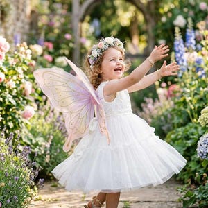 May include: A white sleeveless dress with a layered tulle skirt and lace bodice, paired with iridescent pink and gold butterfly wings and a floral crown featuring small pink and white flowers, worn with floral-accented sandals.