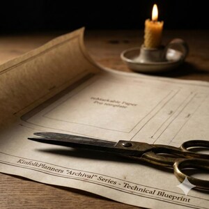 May include: A lit candle in a ceramic holder sits behind a vintage blueprint with the text "Kinfolk Planners 'Archival' Series - Technical Blueprint." Antique scissors rest on the paper. The paper is a warm, aged tone.