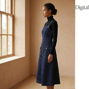 Puede incluir: Una mujer con un vestido de peto de mezclilla azul oscuro con costuras blancas, combinado con un cuello alto negro. La imagen está ambientada en una habitación con una gran ventana. El texto dice "Digital Sewing Pattern" y "Complete Digital Sewing Pattern".