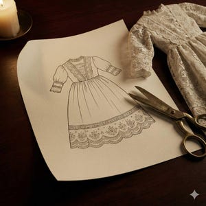 May include: A white lace dress with long sleeves and a high neckline, accompanied by a paper sketch of the same dress design and a pair of metal scissors. The sketch features detailed line drawings of the lace bodice and floral hem pattern.