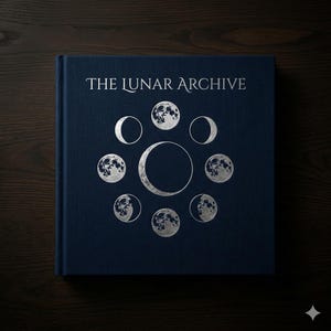 May include: A navy blue book titled "The Lunar Archive" with silver moon phase illustrations. The cover features a central crescent moon surrounded by eight other moon phases, creating a celestial design. The book is on a dark wood surface.