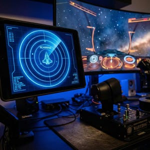 Puede incluir: Una configuración de juego con una tableta que muestra una pantalla de radar azul con un icono de nave espacial y la palabra "SCANNING". Un monitor curvo muestra una escena espacial. Un joystick y un panel de control están en el escritorio, con el texto "WARTHOG."