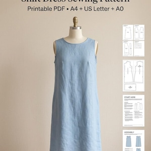 May include: A light blue shift dress displayed on a mannequin, with a sewing pattern visible. The pattern includes instructions and diagrams. Text on the image reads "Shift Dress Sewing Pattern" and "Printable PDF • A4 + US Letter + AO."