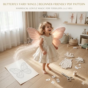 May include: A young child wearing pink butterfly fairy wings and a cream-colored dress. The image includes a pattern for the wings, along with sewing supplies and other clothing items. Text on the image reads: BUTTERFLY FAIRY WINGS | BEGINNER-FRIENDLY PDF PATTERN WHIMSICAL GENTLE MAGIC FOR TODDLERS (1-5 YRS)