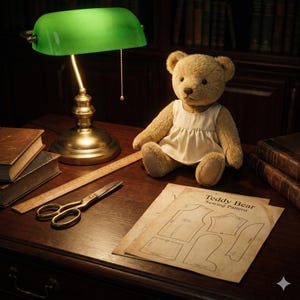 May include: A tan teddy bear wearing a white dress sits on a wooden desk next to a green-shaded brass lamp. A ruler, scissors, and a "Teddy Bear Sewing Pattern" are also on the desk, suggesting a craft or sewing theme.