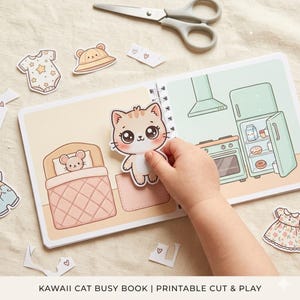 Printable Cat Quiet Book Busy Book - Paper Doll House with Kitchen & Bedroom | Montessori PDF