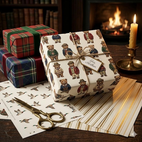 Old Money Wrapping Paper Bundle | Preppy Teddy Bear & Tartan Plaid
