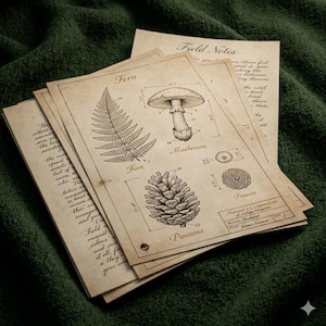 May include: A collection of sepia-toned botanical prints, each displaying detailed drawings of a fern, mushroom, and pinecone with measurements. The prints include the text "Field Notes" and "Antique's Compendium". The illustrations have a vintage style.