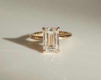 Emerald Cut Lab Grown Diamond Engagement Ring | 14K Gold Solitaire Ring | Minimalist Emerald Diamond Ring for Her
