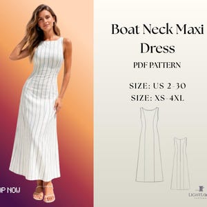 May include: A sleeveless, boat neck maxi dress in white with vertical blue stripes. The dress is shown on a model and is available in sizes US 2-30 and XS-4XL. The image also includes a line drawing of the dress and the text "Boat Neck Maxi Dress".