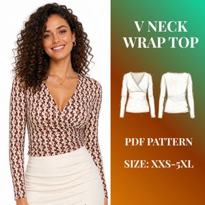 Patrón de costura para top cruzado con escote en V / Manga larga ajustada / Descarga digital / Tallas XS–5XL