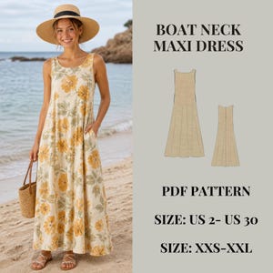 Può includere: Una donna indossa un abito lungo color crema con un motivo floreale giallo, un cappello di paglia e sandali. L'abito ha uno scollo a barchetta e tasche. L'immagine include anche un modello di abito, con taglie da US 2 a 30 e XXS a XXL. L'abito è lungo circa 152 cm.