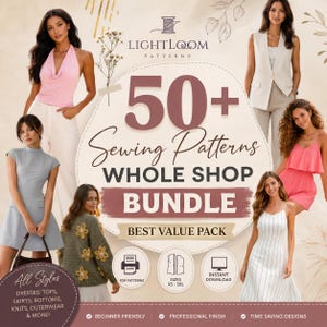 Könnte beinhalten: Werbebild für LightLoom Patterns mit mehreren Frauen, die verschiedene Kleidungsstücke tragen. Das Bild zeigt ein Bundle von über 50 Schnittmustern, darunter Kleider, Oberteile, Röcke und Oberbekleidung. Text enthält "Whole Shop Bundle" und "Best Value Pack."