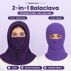 Puede incluir: Patrón de costura en PDF para pasamontañas 2 en 1 de LightLoom Patterns. El estilo A es una capucha de forro polar morado oscuro con cordón. El estilo B es un pasamontañas de punto acanalado morado con cuello texturizado. Tallas para niños y adultos.
