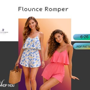 Op de afbeelding: Twee vrouwen dragen flounce rompers. Eén is lichtblauw met een bloemenpatroon, de andere is roze. De tekst "Flounce Romper" staat bovenaan. De tekst "Shop Now" staat onderaan.