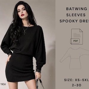 May include: A black long-sleeved dress with batwing sleeves and a fitted skirt. The text on the right reads BATWING SLEEVES SPOOKY DRESS, PDF, and SIZE: XS-5XL 2-30. A line drawing of the dress silhouette is included below the PDF icon.