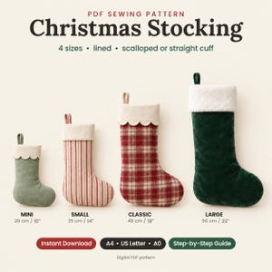 Christmas Stocking Sewing Pattern PDF, 4 Sizes, Lined Stocking with Scalloped or Straight Cuff, Holiday Sewing Pattern, A4 Letter A0