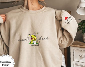 Embroidered Mama Sweatshirt, Personalized Embroidered Mama Bear Shirt With Kids Names Sleeve, Best Mom gift, Custom embroidery disney tshirt