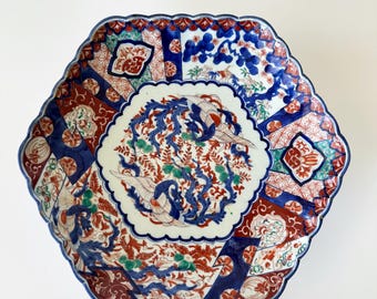 Groot antiek Japans Imari-opladerbord, groot handgeschilderd Arita-porselein, Phoenix-motief, 19e eeuw
