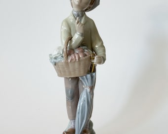 May include: A porcelain figurine of a young person holding a basket of flowers and an umbrella. The figure wears a light green jacket, gray hat, and brown pants. The basket is woven, and the umbrella is light blue.
