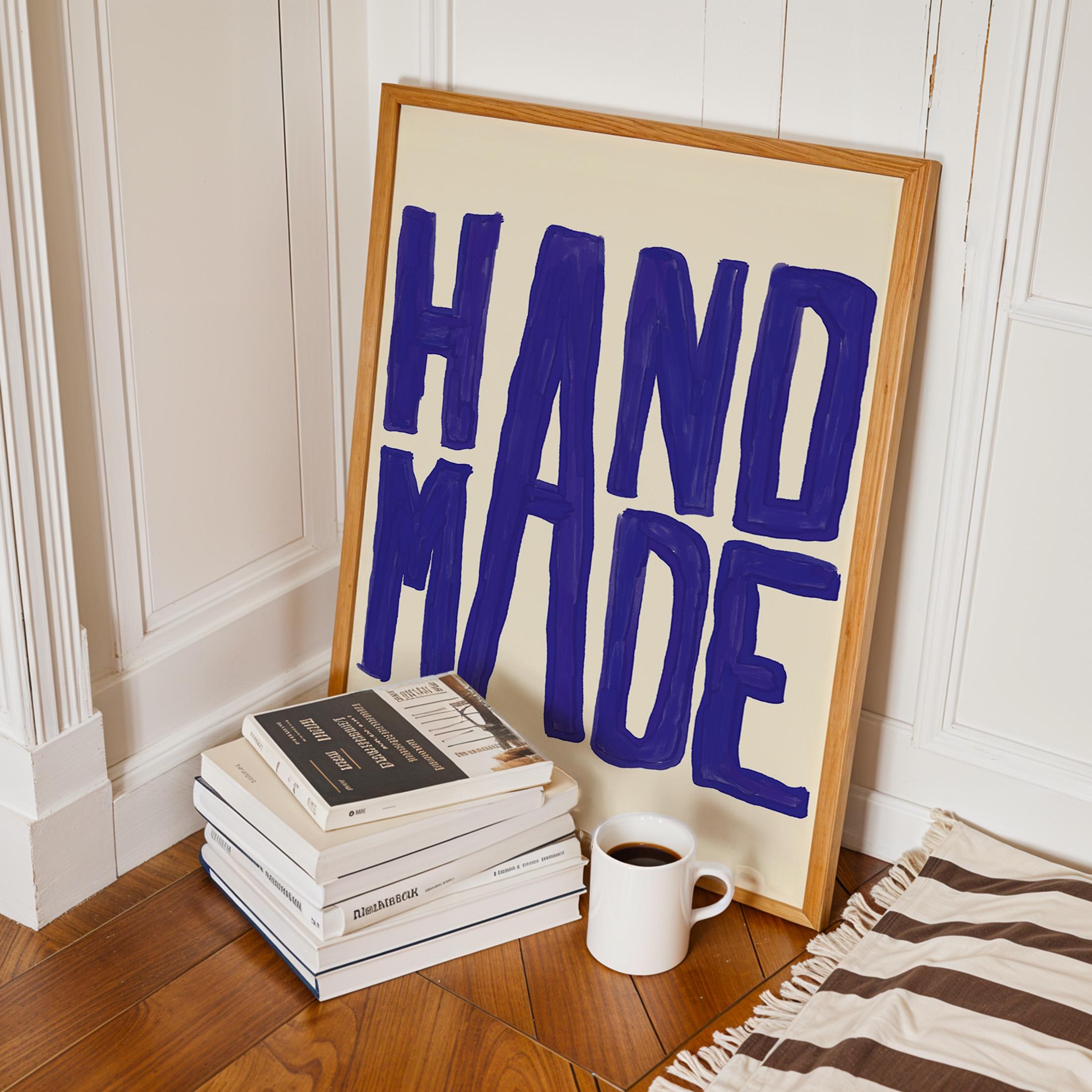 Handmade “hand Made” Typography Poster – Bold Blue Lettering Wall Art ...