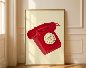 Retro Phone Art Print: Funny Red Rotary Phone Illustration (Digital Download)