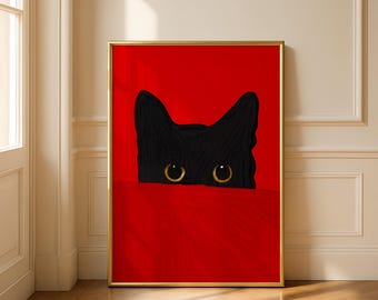 Black Cat Art Print, Minimalist Cat Illustration, Red Modern Wall Decor Design (Digital Download)