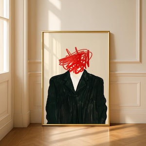 May include: Abstract art print depicting a figure in a black blazer and white collar, with a red scribble obscuring the head. The artwork is presented in a gold-coloured frame.