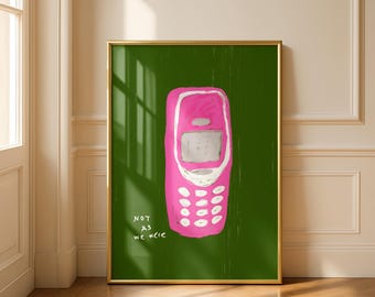 Retro Phone Illustration Print – Vintage Pop Art Poster Green Pink (Digital Download)