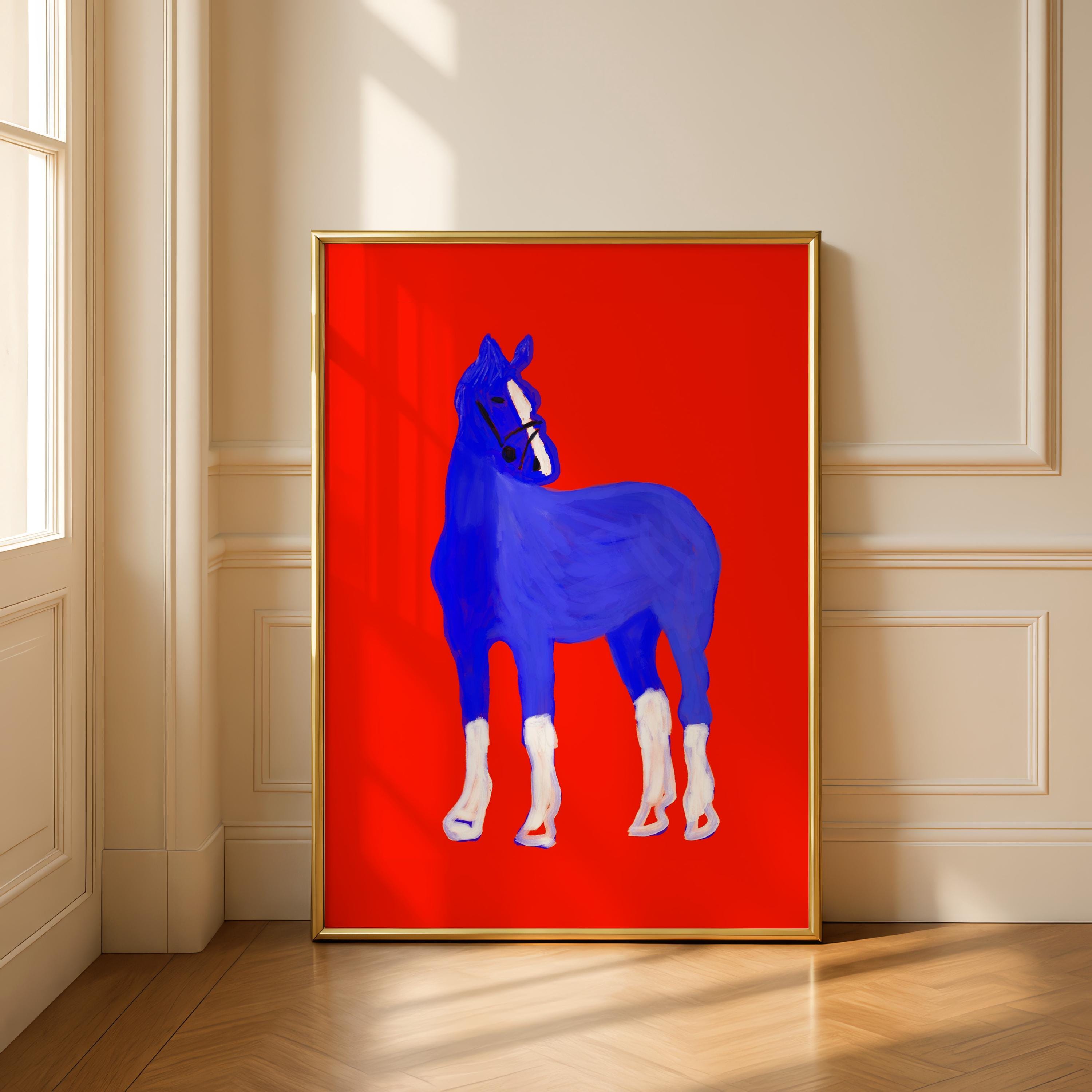 青い馬のアートプリント：現代の動物画（デジタルダウンロード