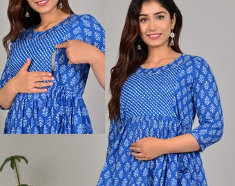 Blue Cotton Sanganeri Hand Block Print Maternity Dress with Zipper for Feeding