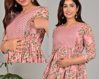PINK COLOR FLORAL Printed Cotton Maternity Gowns for Breastfeeding, Recovery Comfort Night Dress
