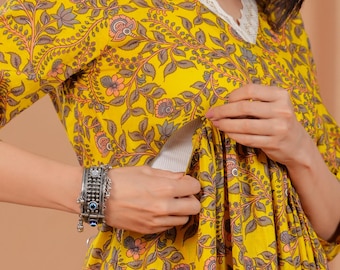 V-Neck Loose Fit Maternity, Cotton Yellow Color Calf Length Dress