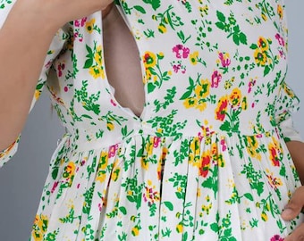 HAND BLOCK PRINTED Green and Yellow Floral Print Gown, Zip for Breastfeeding