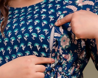 COTTON HAND BLOCK Printed Floral Maternity Gowns for Woman, Both Side Opening for Breastfeeding