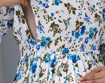 HAND BLOCK PRINTED Mid Calf Length Gown for Woman, Zip for Breastfeeding