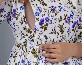 HAND BLOCK PRINTED Mid Calf Length Gown for Woman, Zip for Breastfeeding