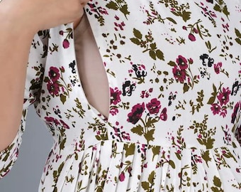 HAND BLOCK PRINTED Maroon Color Floral Print Gown, Vintage Style Post Pregnancy Dress