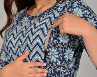 BAUMWOLLHANDBLOCK Gedruckte Blumenmutterschaftskleider für Frauen, beidseitiger Reißverschluss zum Stillen