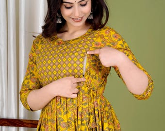 Hand Block Printed Cotton Yellow Maternity Gowns, Front Opening for Breastfeeding