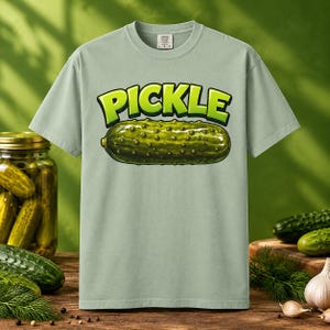 Op de afbeelding: Een saliegroen T-shirt met korte mouwen en een grafische print op de borst. Het ontwerp toont het woord PICKLE in dikke, limoengroene blokletters met een omlijning boven een gedetailleerde illustratie van een bobbelige, donkergroene augurk.