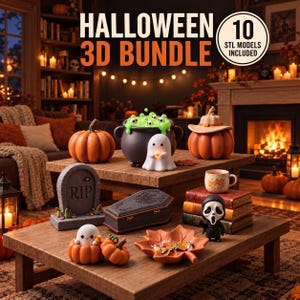 Peut inclure: Un ensemble 3D d'Halloween comprenant 10 modèles STL : un chaudron noir avec de la gelée verte, un fantôme, des citrouilles, une pierre tombale avec l'inscription RIP, un cercueil, un bol en forme de feuille, une tasse et un personnage masqué.