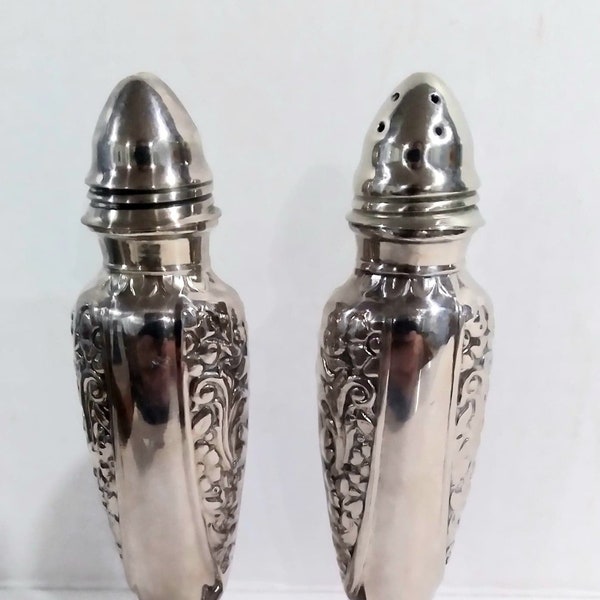 Vintage Collectible Art Deco  Heavy Metal Lead Silver Finish Viking Salt and Pepper Shakers