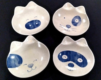 Vintage Mid Century Porcelain Kotobuki Cute Animal Face Sushi Plates Off White Blue