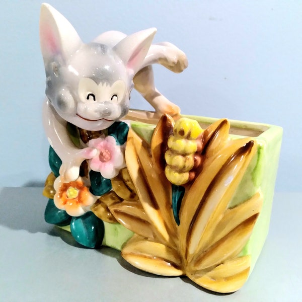Vintage Ceramic Cat in the Garden Planter
