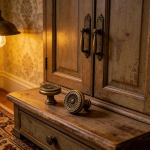 Może przedstawiać: Drewniana szafka z dwoma mosiężnymi uchwytami i dwoma gałkami. Szafka jest w jasnobrązowym kolorze z postarzanym wykończeniem. Gałki mają okrągły wzór z kwiatowym motywem.