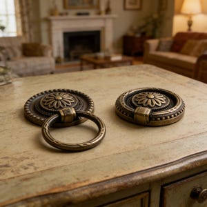 Op de afbeelding: Twee antieke bronzen kastgrepen met een bloemmotief. Eén greep heeft een ronde handgreep, de andere een platte schijf. Ze liggen op een lichtgroen en beige geverfd oppervlak, wat wijst op een vintage of boerderij-esthetiek.